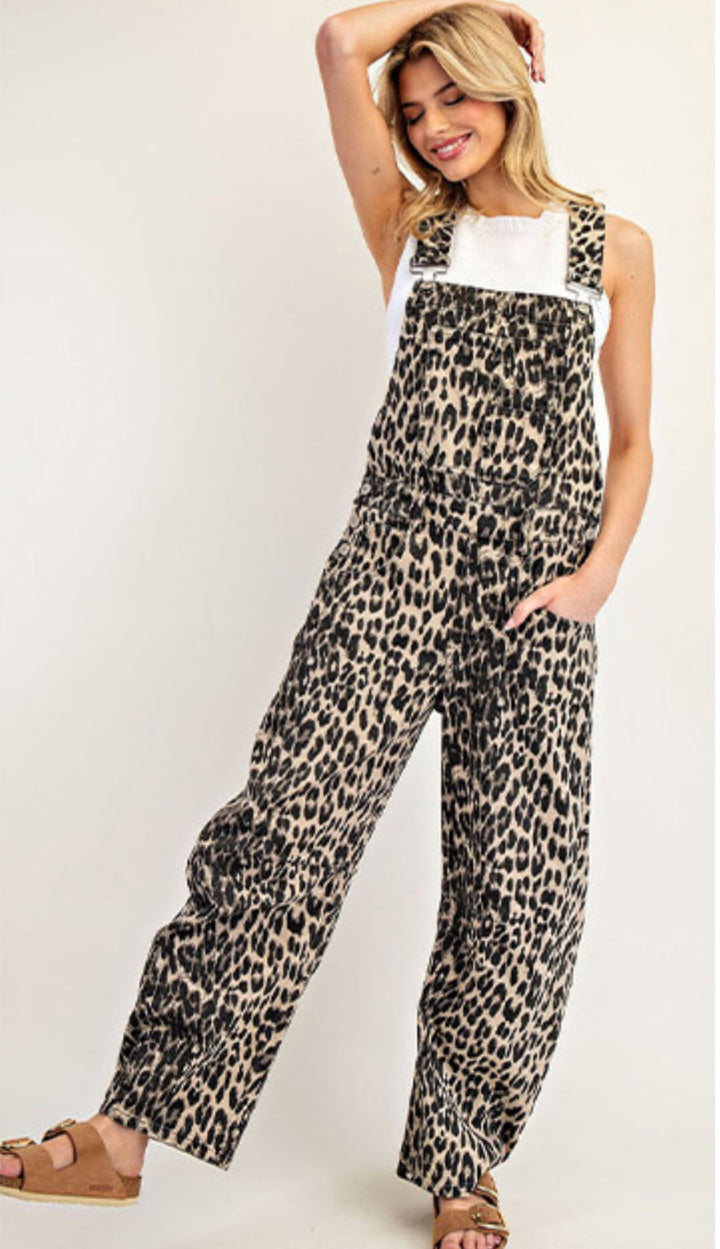Leopard Print Barrel Overalls