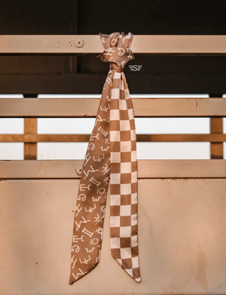 Cattle Brand & Checkered Twilly Scarf – Western Print Silk Hair & Bag Ribbon