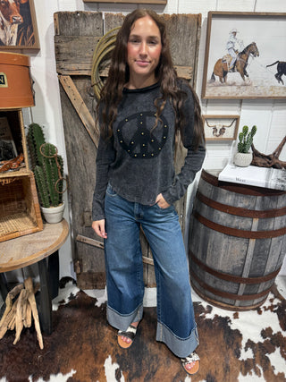 Peace Out Studded Mineral Wash Waffle Knit Top- Black