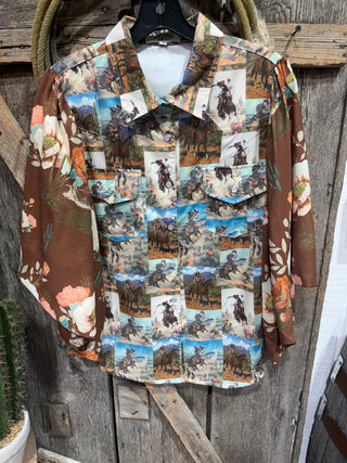 Cowboy Postcard Floral Flutter Sleeve Western Button Down