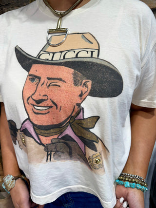 Designer Cowboy Boxy Graphic Cropped Tee | Western Vintage Inspired Statement Shirt