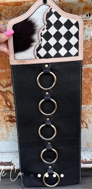 Hand-Painted Checkered Cowhide Wild Rag Twirly Hanger – Genuine Leather Western Wall Organizer