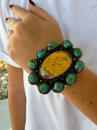 Bumblebee Jasper & Turquoise Leather Cuff Bracelet | Southwestern Statement Cuff