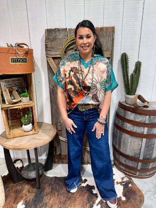 Turquoise Concho Rodeo Poncho Top – Western Horse Graphic Cowgirl Blouse-One Size Fits Upto 2X