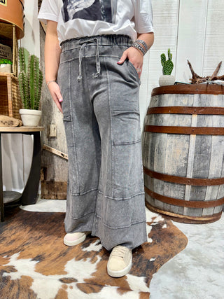 Easel Acid Wash Cargo Lounge Pants – Elastic Waist Wide Leg Pants- Black