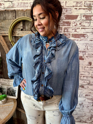 Jaded Gypsy A Ruffle In Time Denim Ruffle Shirt