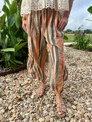 Close up view Serape Print Boho Parachute Pants | Colorful Western Slouch Pants