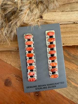 Native American Brian Jones Orange Spiny Oyster Sterling Silver Column Stud Earrings