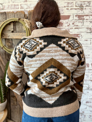 Western Aztec Quarter Zip Pullover Sweater – Cozy Neutral Brown & Black