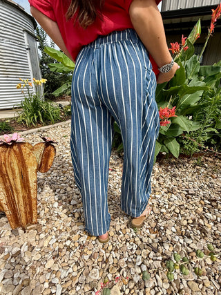 Back view Easel Stripe Washed Chambray Wide Leg Pants for Women | Blue Vertical Stripe Drawstring Pants