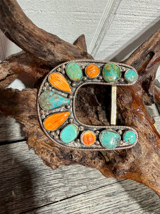 Handcrafted German Silver belt buckle featuring Orange Spiny Oyster and Kingman Turquoise. Bold Southwestern style and authentic Western charm
