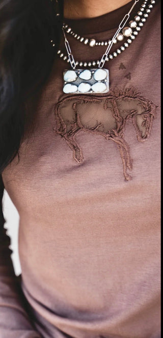 2 Fly Co Buck Out Cut-Out Horse Long Sleeve Top-Chocolate Brown