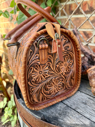 Tan Floral Tooled Leather Speedy Duffle Bag -Medium