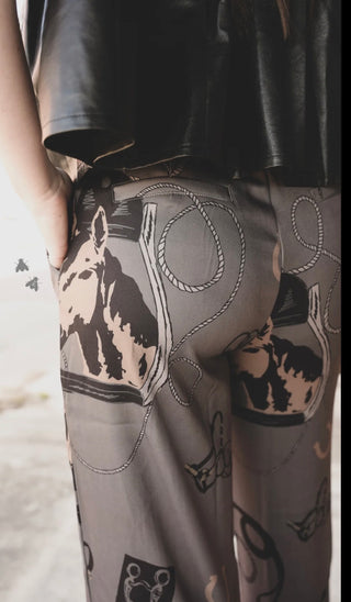2 Fly Trail Trousers – Western Print Statement Trouser Pants with Horse & Roping Design