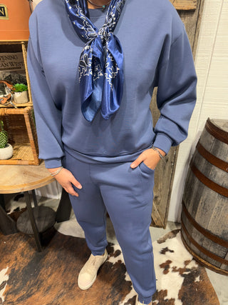 Zenana Misty Blue Scuba Crewneck Pullover & Jogger Set -Chic Matching Loungewear
