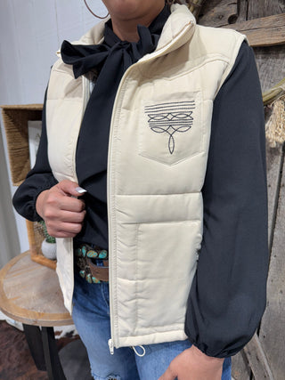 Cream Faux Suede Boot Stitch Western Puffer Vest