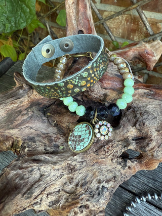 Leather & Beaded Charm Bracelet Set – Green Crystal, Black Faceted Beads & Vintage Medallion