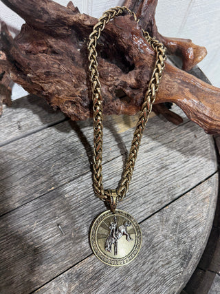 Antique Gold Bucking Horse Medallion Necklace | Heavy Chain Western Statement Necklace 18”