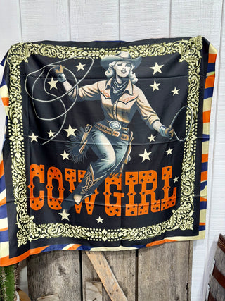 Retro Cowgirl Wild Rag – Vintage Lasso & Star Print Western Scarf