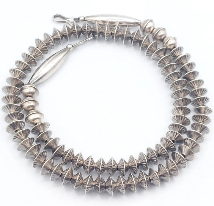 18” Fluted Navajo Saucer Sterling Silver Bench Bead Necklace