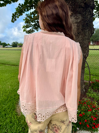 Peach Eyelet Oversized Summer Top | Boho Lace Trim Sleeveless Blouse