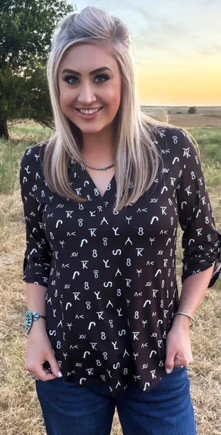Forever Branded Western Top |  Black Cattle Brand Print