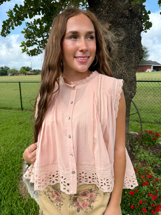 Peach Eyelet Oversized Summer Top | Boho Lace Trim Sleeveless Blouse