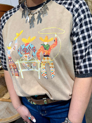 Varsity Rodeo 3 Amigos Graphic T Shirt | Western Cowboy Raglan Tee with Gingham Sleeves