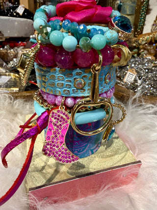 Sandra Ling Western Bracelet Stack – Turquoise & Pink Cowgirl Charm Bracelet Set with Boot & Snaffle Bit