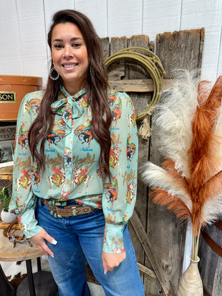 Retro “Howdy Cowgirl” Western Print Bow Tie Blouse – Rodeo Graphic Long Sleeve
