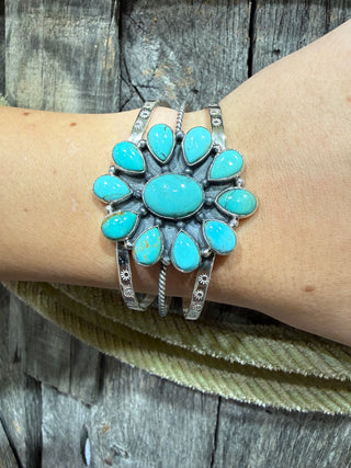 Large Sterling Silver Turquoise Cluster Cuff Bracelet | Golden Hills, Sonoran Gold & Kingman Turquoise