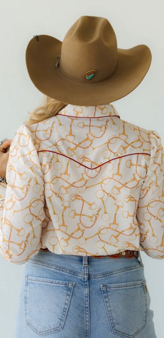 Howdy Hanny Snaffle Bit Western Pearl Snap Shirt | Cowgirl Bit Print Button Up Top