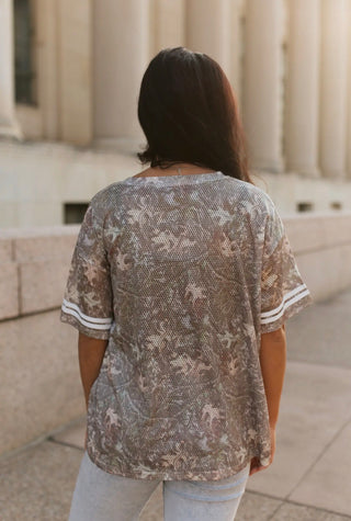 Back of Western Rodeo Varsity Jersey Top – Camo Mesh Bucking Horse Graphic Cowgirl Tee