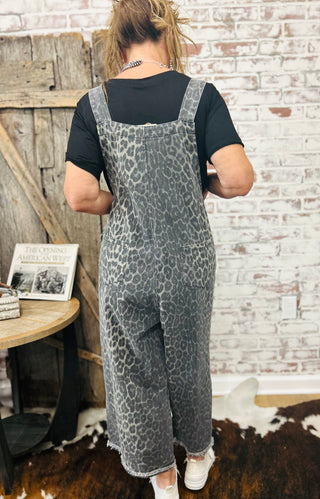 Easel Leopard Print Twill Overalls-Gray