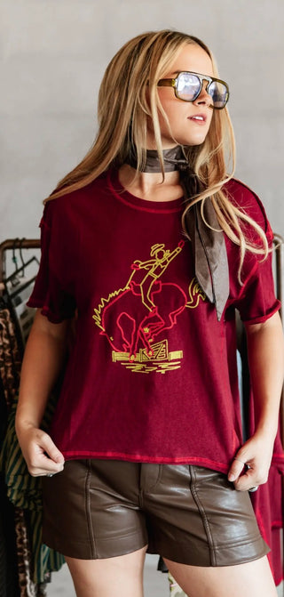 Buckin’ Wild Chain Stitch Western Tee – Burgundy