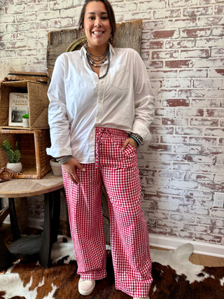 Red & White Gingham Wide-Leg Pants – Elastic Drawstring Lounge Trousers