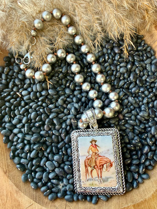 Cowgirl Art Pendant Navajo Pearl Necklace | Western Vintage Cowgirl Statement Jewelry