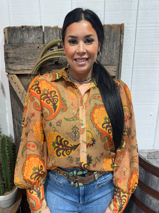 Neutral Brown Paisley Western Sheer Button-Up Blouse –