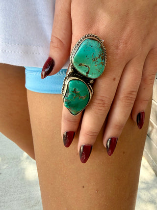 Double Turquoise Statement Ring | Adjustable German Silver Southwestern Ring