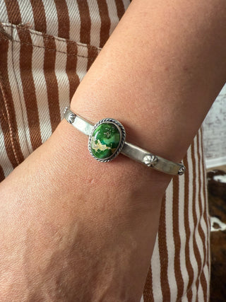 Native American Sonoran Gold Turquoise Cuff – Handcrafted Sterling Silver Bracelet