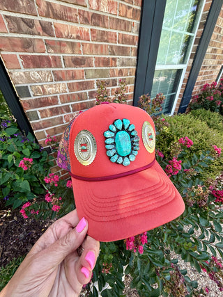 Coral Concho Trucker Hat | Western Turquoise Cluster Mesh Snapback