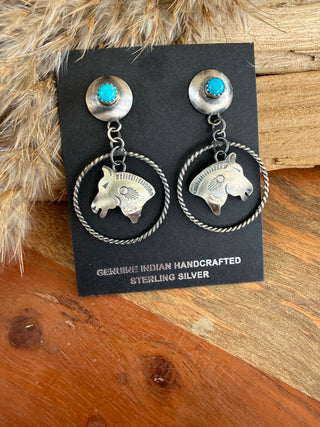 Rolanda Yazzie Turquoise Sterling Silver Horse Hoop Earrings – Native American Made