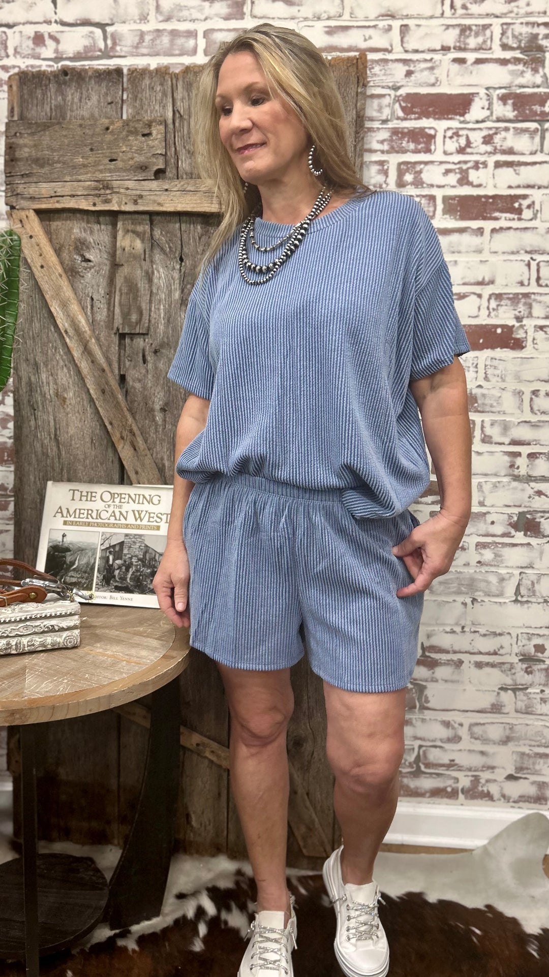 Everyday Comfy Rib Top and Short Set-Denim Blue