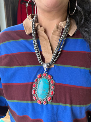 Turquoise & Red Coral Statement Pendant on Navajo Pearl Necklace – Bold Western Jewelry