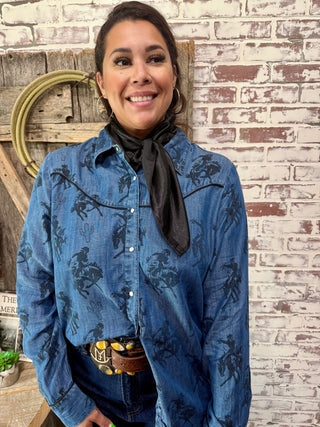 Cowgirl Bronc Rider Print Denim Chambray Shirt – Western Button Down Blouse