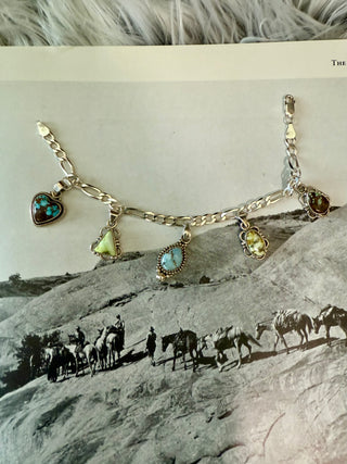 Sterling Silver Charm Bracelet with Mixed Turquoise Stones