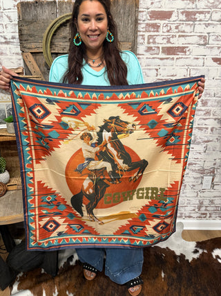 Cowgirl Western Wild Rag – Retro Rodeo Scarf with Bucking Horse Print