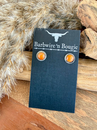 Native American Orange Spiny Oyster Sterling Silver Stud Earrings