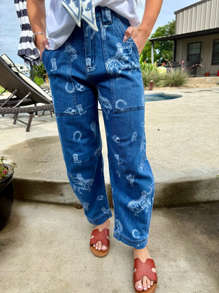 Western Rodeo Print Barrel Leg Jeans for Women | High Rise Cowboy Graphic Denim Pants