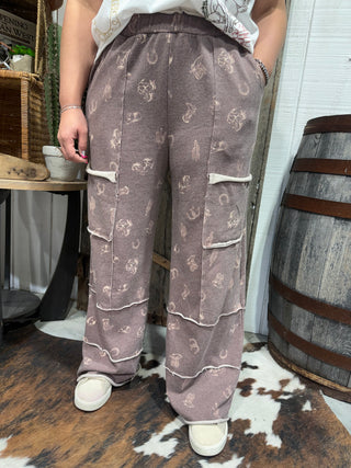Taupe Cowboy Doodle Print Wide Leg Pants | Relaxed Western Lounge Fit